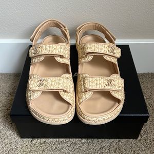 CHANEL Raffia Pearl Velcro Dad Sandals
